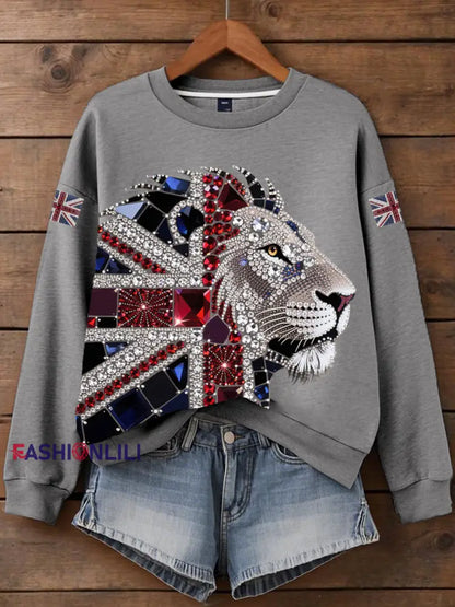 Women’s British imitation diamond hot drilling Print Sweatshirt Gray / S