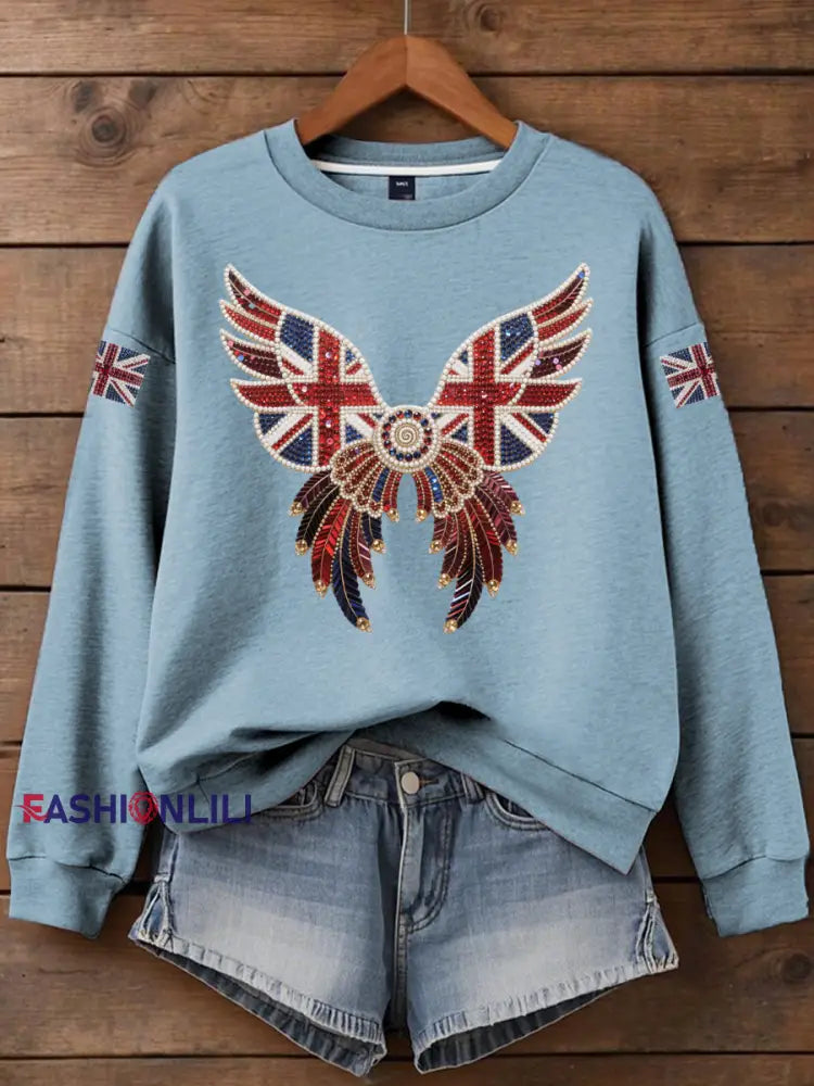 Women’s British imitation diamond hot drilling Print Sweatshirt Light Blue / S