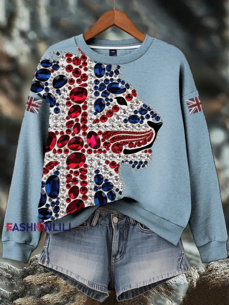 Women’s British imitation diamond hot-drilling Print Sweatshirt Light Blue / S