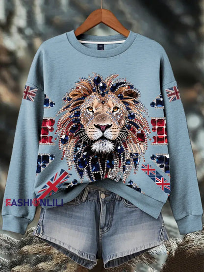 Women’s British imitation diamond hot-drilling Print Sweatshirt Light Blue / S