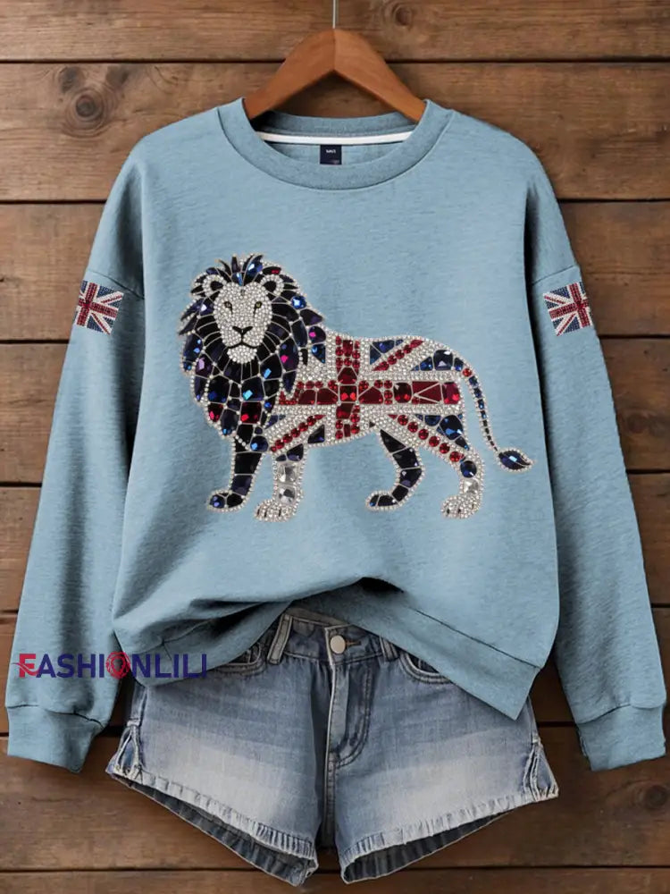 Women’s British imitation diamond hot drilling Print Sweatshirt Light Blue / S