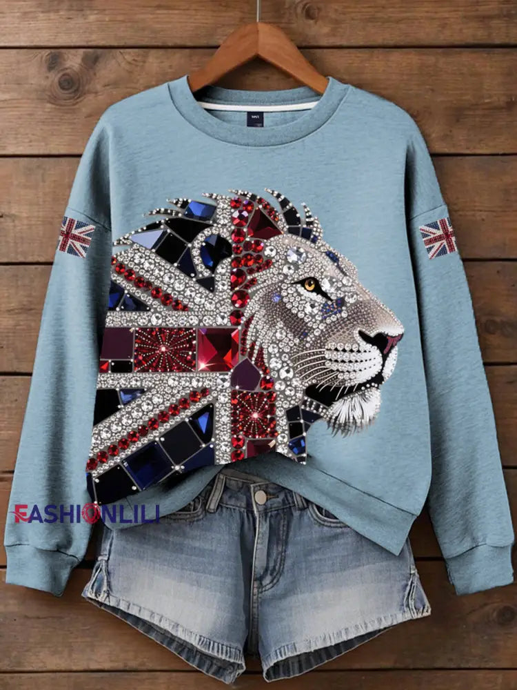 Women’s British imitation diamond hot drilling Print Sweatshirt Light Blue / S