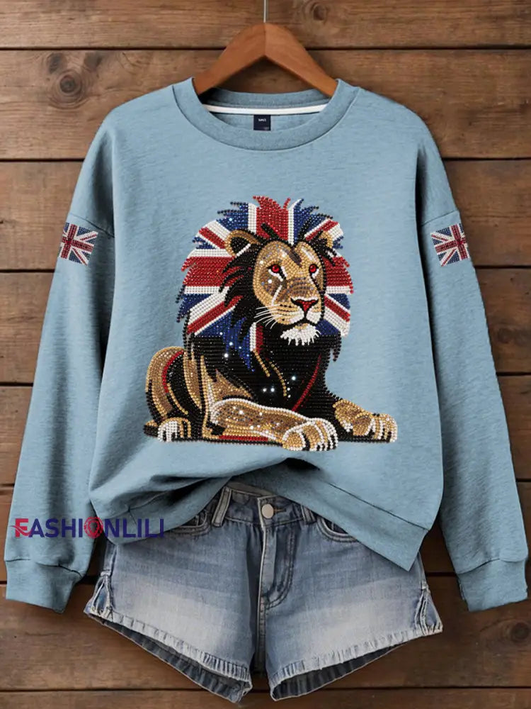 Women’s British imitation diamond hot drilling Print Sweatshirt Light Blue / S