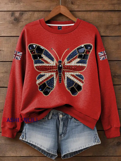 Women’s British imitation diamond hot drilling Print Sweatshirt Red / S