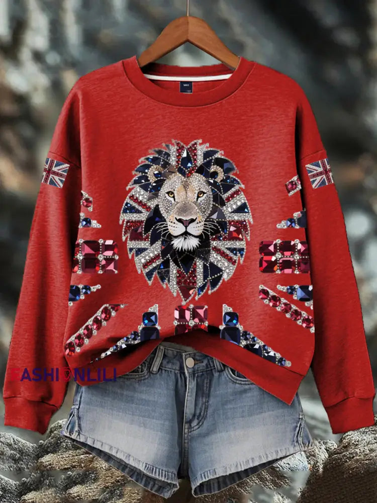 Women’s British imitation diamond hot drilling Print Sweatshirt Red / S