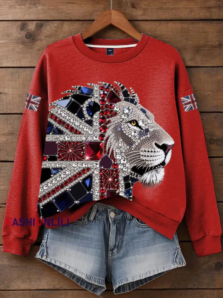 Women’s British imitation diamond hot drilling Print Sweatshirt Red / S