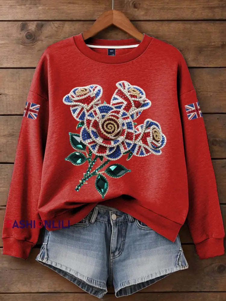 Women’s British imitation diamond hot drilling Print Sweatshirt Red / S