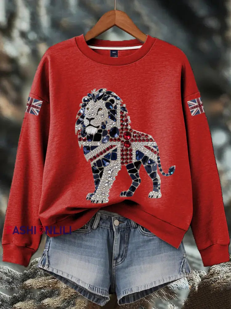 Women’s British imitation diamond hot drilling Print Sweatshirt Red / S