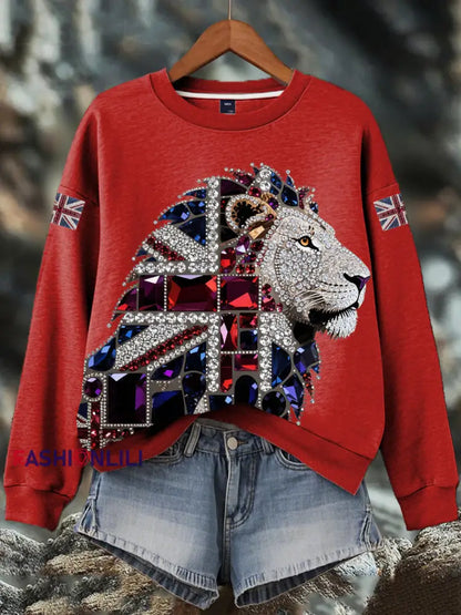 Women’s British imitation diamond hot-drilling Print Sweatshirt Red / S