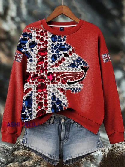 Women’s British imitation diamond hot-drilling Print Sweatshirt Red / S