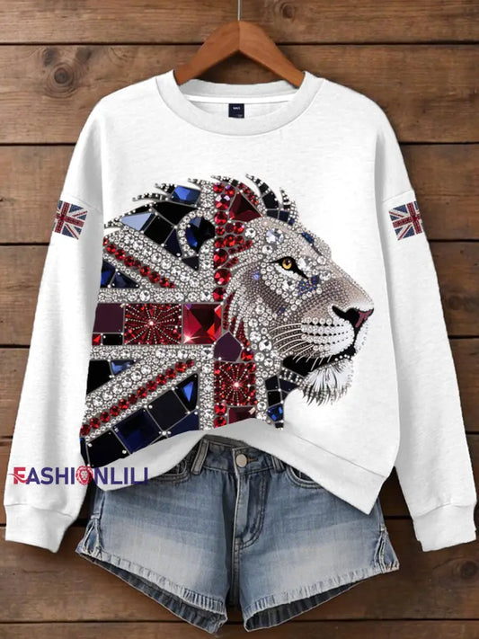 Women’s British imitation diamond hot drilling Print Sweatshirt White / S