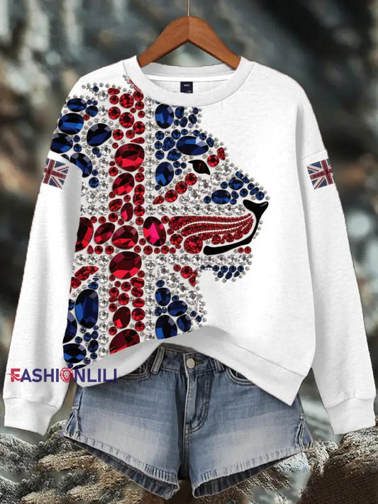Women’s British imitation diamond hot-drilling Print Sweatshirt White / S