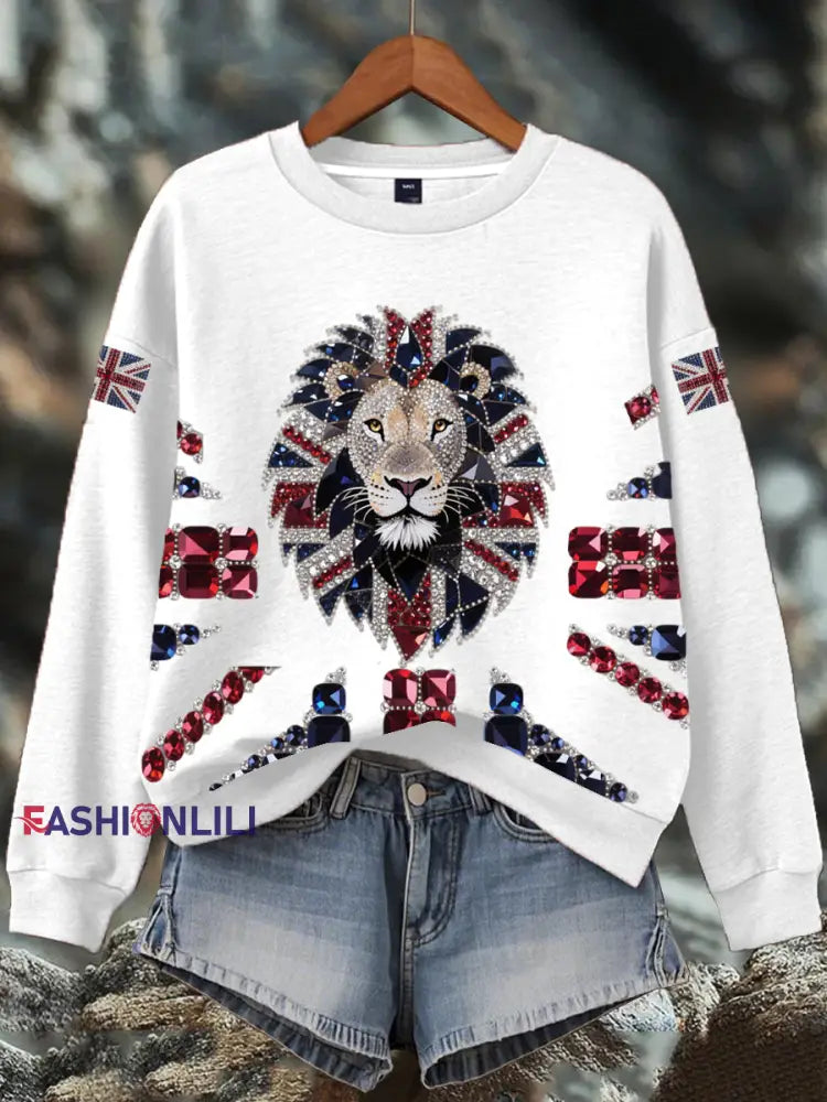 Women’s British imitation diamond hot drilling Print Sweatshirt White / S