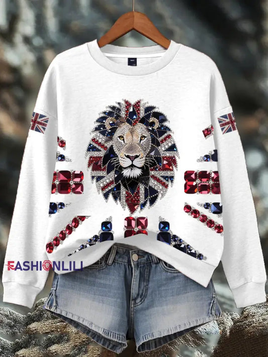 Women’s British imitation diamond hot drilling Print Sweatshirt White / S