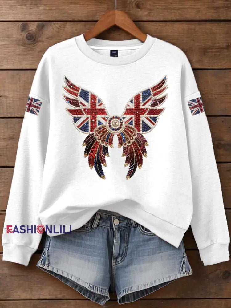 Women’s British imitation diamond hot drilling Print Sweatshirt White / S