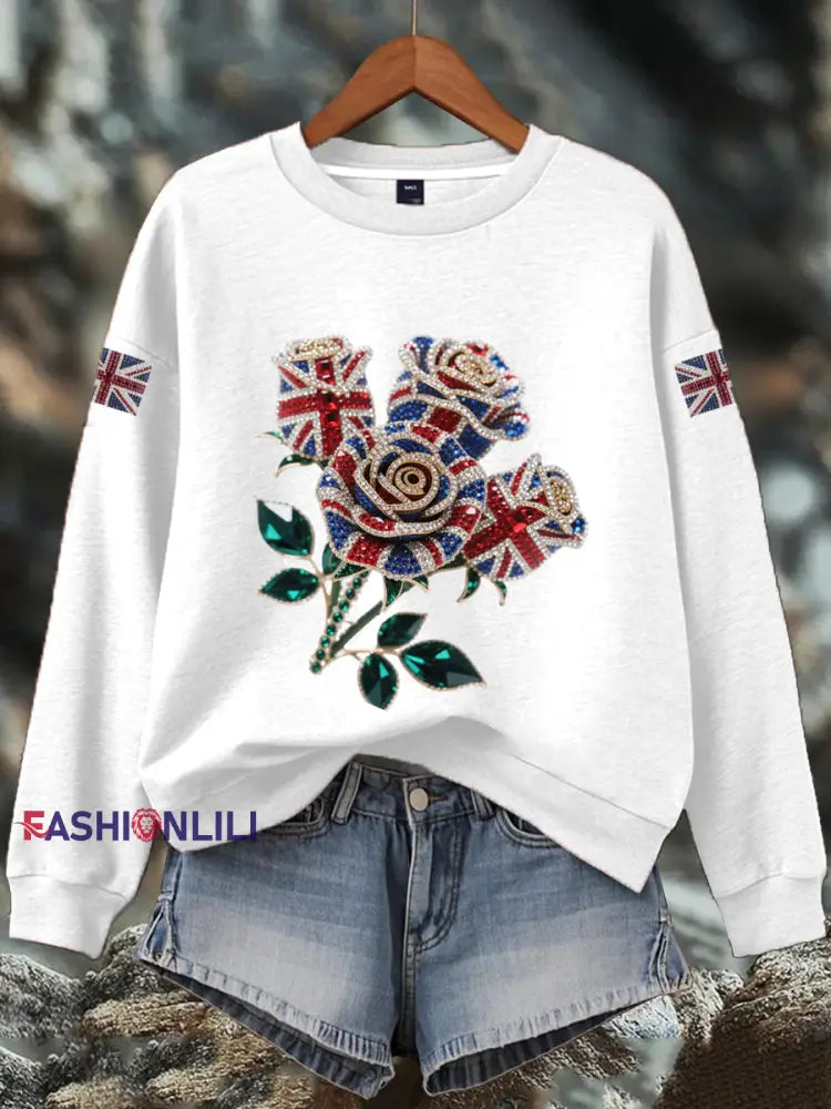 Women’s British imitation diamond hot drilling Print Sweatshirt White / S