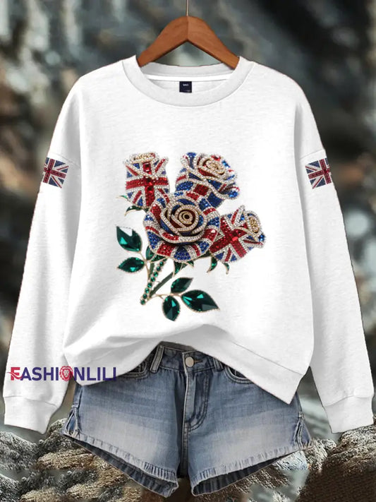 Women’s British imitation diamond hot drilling Print Sweatshirt White / S