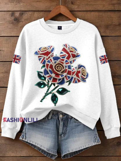 Women’s British imitation diamond hot drilling Print Sweatshirt White / S