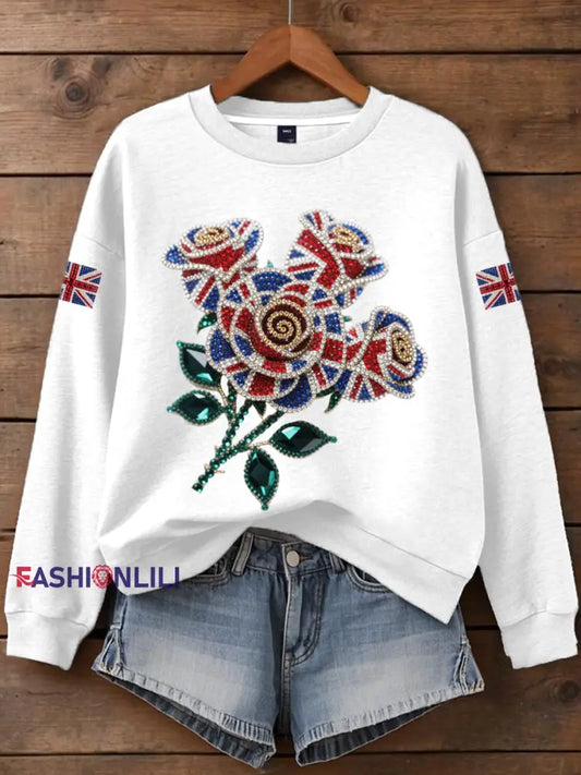 Women’s British imitation diamond hot drilling Print Sweatshirt White / S