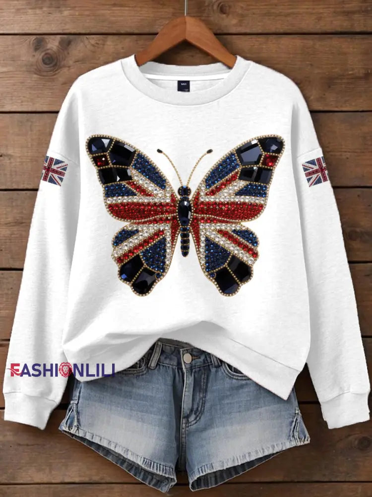 Women’s British imitation diamond hot drilling Print Sweatshirt White / S