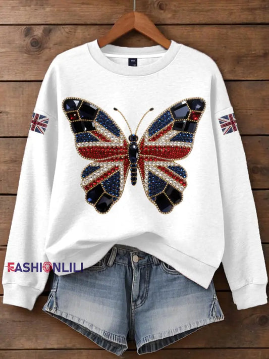 Women’s British imitation diamond hot drilling Print Sweatshirt White / S