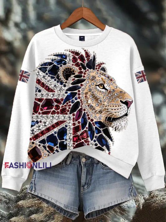 Women’s British imitation diamond hot-drilling Print Sweatshirt White / S