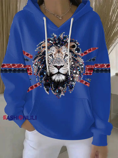 Women’s British imitation diamond hot-drilling Printed Casual Hoodie Blue / S