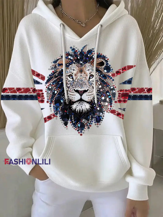 Women’s British imitation diamond hot-drilling Printed Casual Hoodie White / S