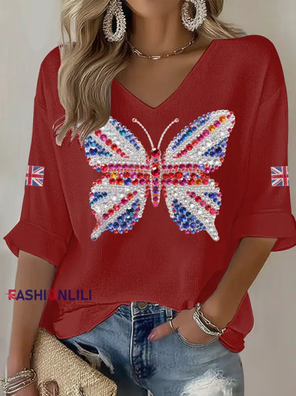 Women’s British imitation diamond hot-drilling Printed Casual T-shirt Red / S