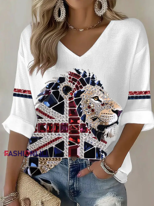 Women’s British imitation diamond hot-drilling Printed Casual T-shirt White / S