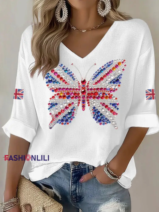Women’s British imitation diamond hot-drilling Printed Casual T-shirt White / S