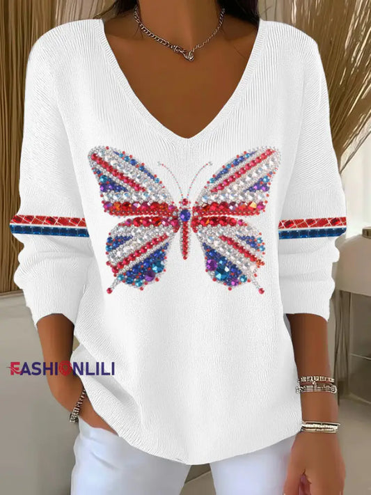 Women’s British imitation diamond hot-drilling Printed Casual Top White / S