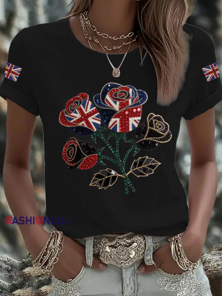 Women’s British imitation diamond hot drilling Printed Iron On Short Sleeve T Shirt Black / S