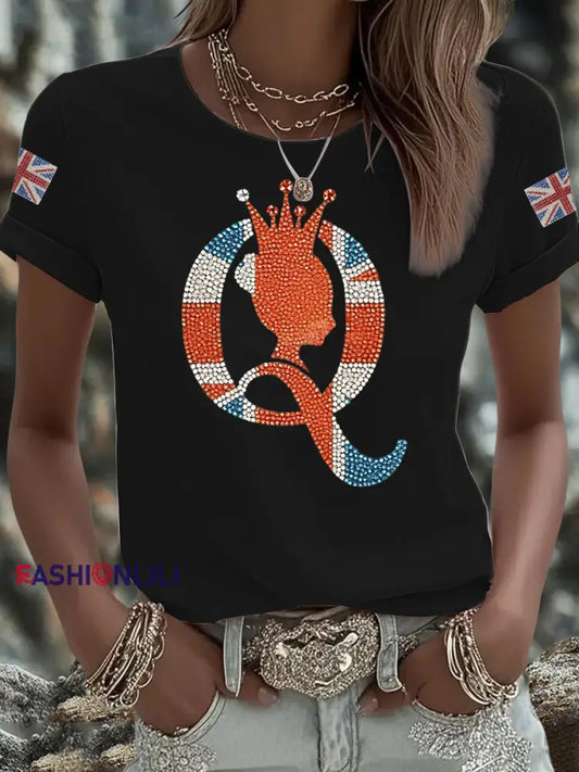 Women’s British imitation diamond hot drilling Printed Iron On Short Sleeve T Shirt Black / S