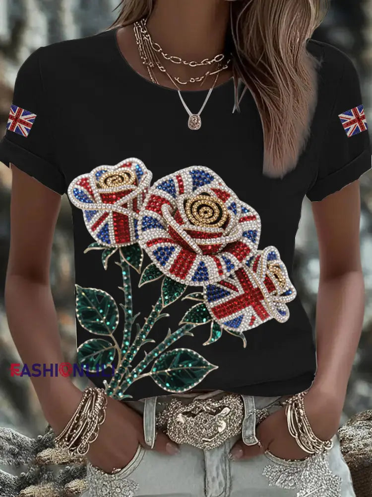 Women’s British imitation diamond hot drilling Printed Iron On Short Sleeve T Shirt Black / S