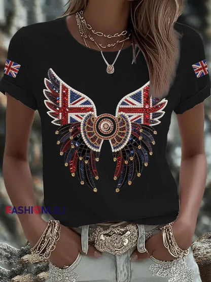 Women’s British imitation diamond hot drilling Printed Iron On Short Sleeve T Shirt Black / S