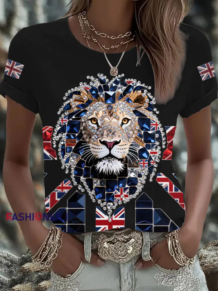 Women’s British imitation diamond hot drilling Printed Iron On Short Sleeve T Shirt Black / S