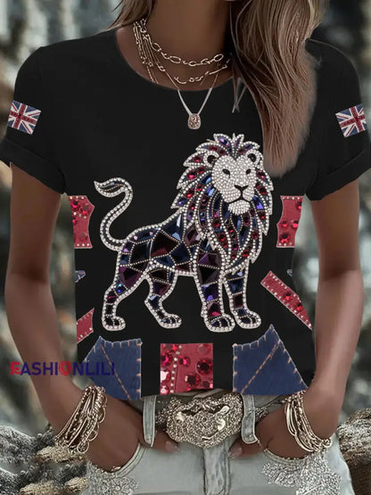 Women’s British imitation diamond hot drilling Printed Iron On Short Sleeve T Shirt Black / S