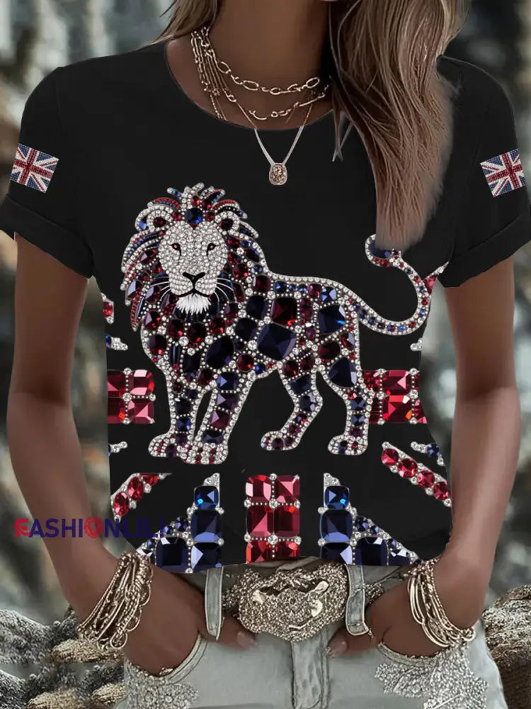 Women’s British imitation diamond hot drilling Printed Iron On Short Sleeve T Shirt Black / S