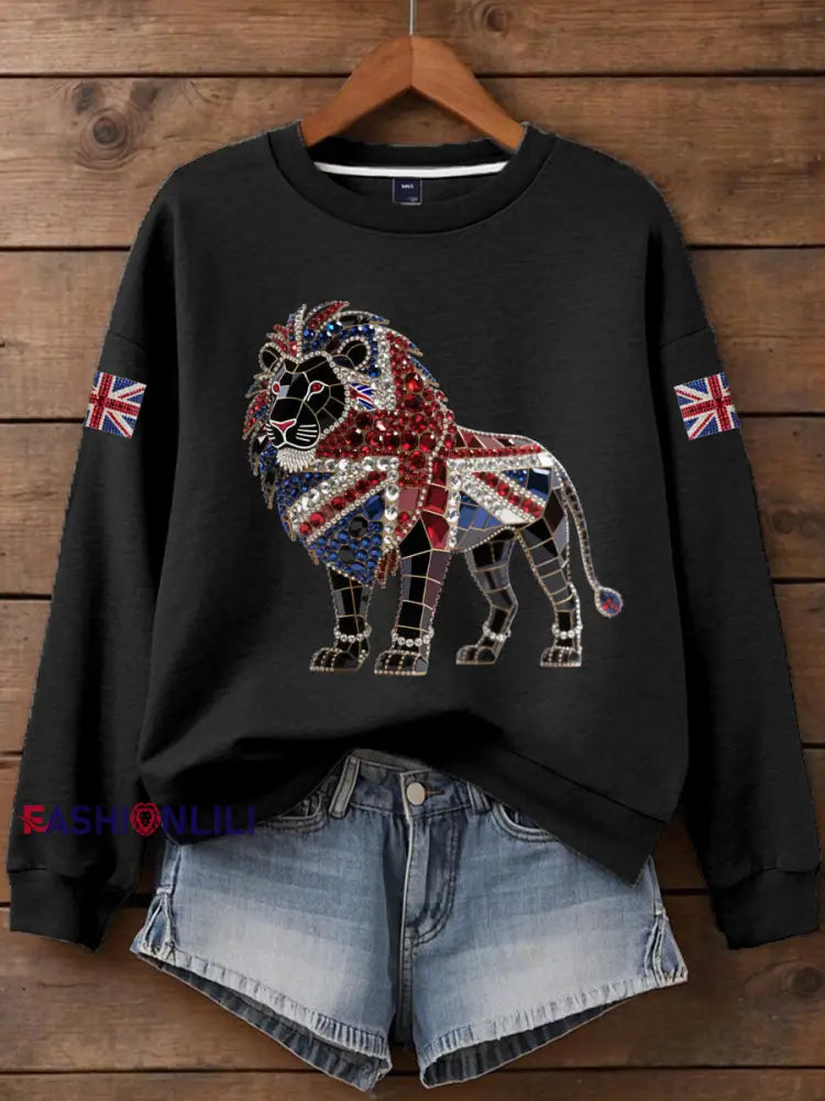 Women’s British imitation diamond hot drilling Printed Iron On Short Sleeve T Shirt Black / S
