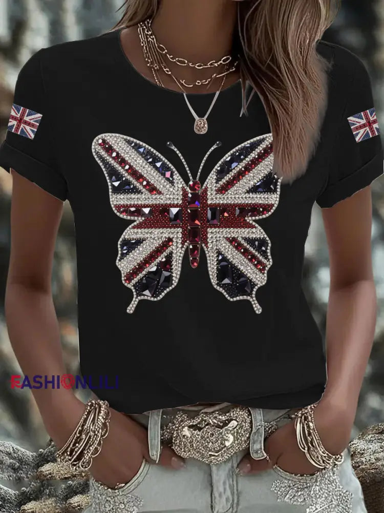 Women’s British imitation diamond hot drilling Printed Iron On Short Sleeve T Shirt Black / S