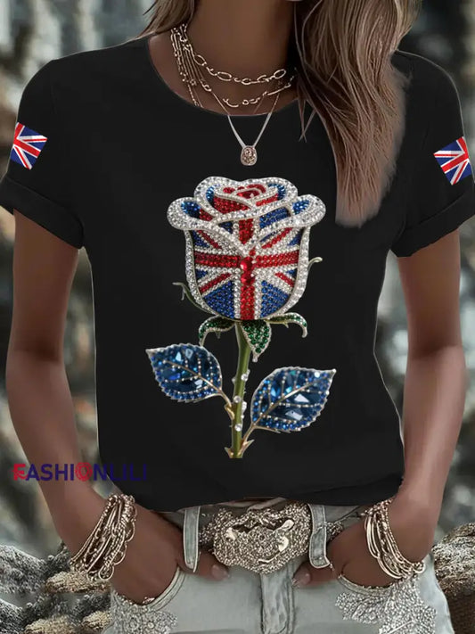 Women’s British imitation diamond hot drilling Printed Iron On Short Sleeve T Shirt Black / S