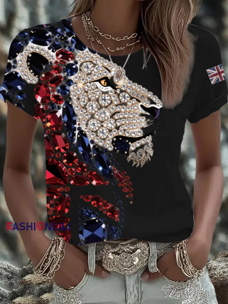 Women’s British imitation diamond hot drilling Printed Iron On Short Sleeve T Shirt Black / S