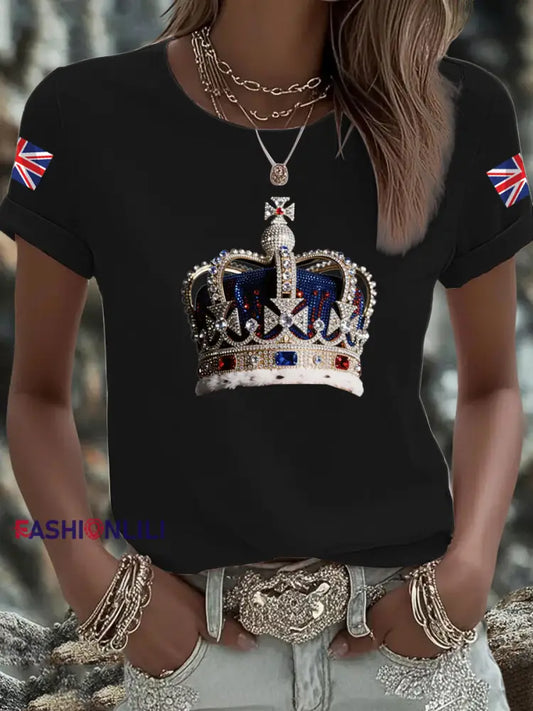 Women’s British imitation diamond hot drilling Printed Iron On Short Sleeve T Shirt Black / S