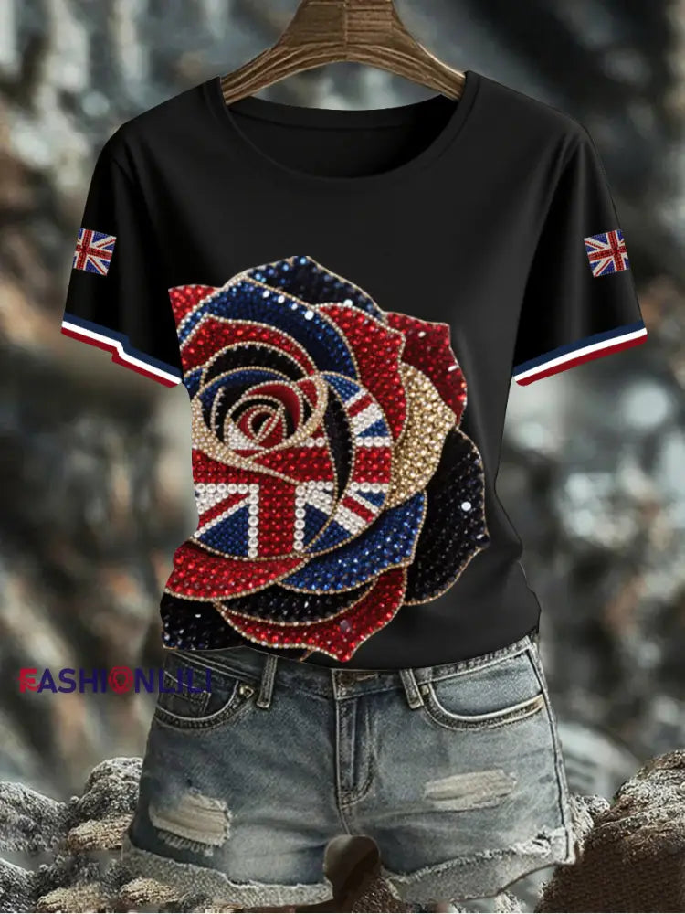 Women’s British imitation diamond hot drilling Printed Iron On Short Sleeve T Shirt Black / S