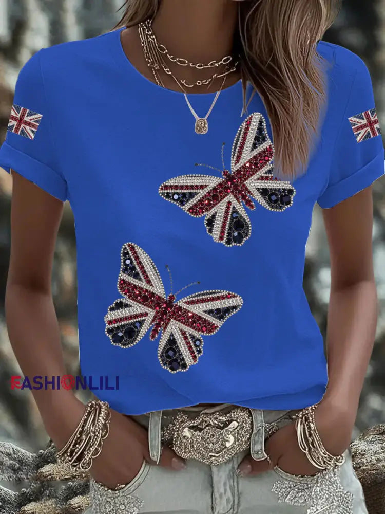Women’s British imitation diamond hot drilling Printed Iron On Short Sleeve T Shirt Blue / S