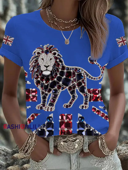 Women’s British imitation diamond hot drilling Printed Iron On Short Sleeve T Shirt Blue / S