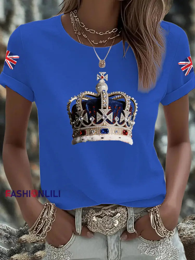 Women’s British imitation diamond hot drilling Printed Iron On Short Sleeve T Shirt Blue / S