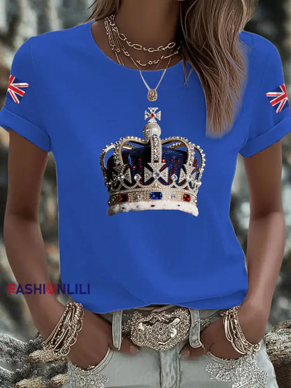 Women’s British imitation diamond hot drilling Printed Iron On Short Sleeve T Shirt Blue / S
