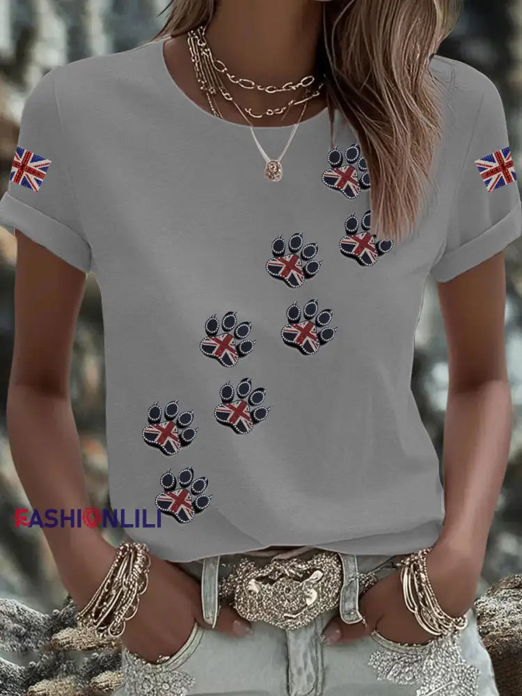 Women’s British imitation diamond hot drilling Printed Iron On Short Sleeve T Shirt Blue / S
